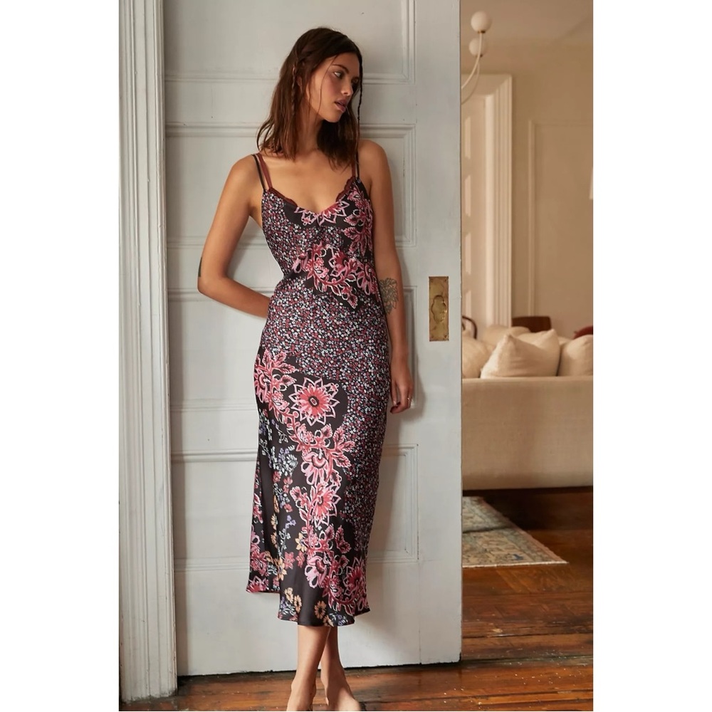 Free People Your Better Side Midi Slip Dress in Black Floral Medium NWT 90s Y2K